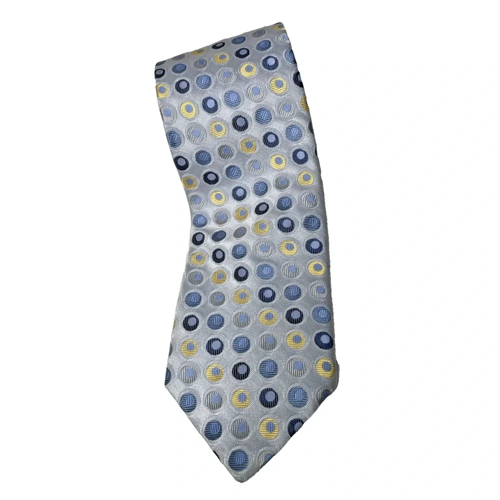 City of London Men’s Silk Tie Gray Blue Yellow Geometric Circle Made USA 59”